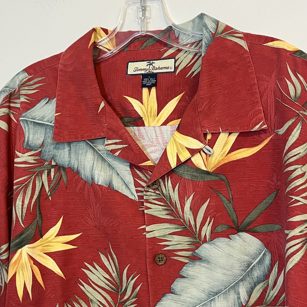 Tommy Bahama Shirt Hawaiian 100% Silk Button Down Short Sleeve Red Palm Print L